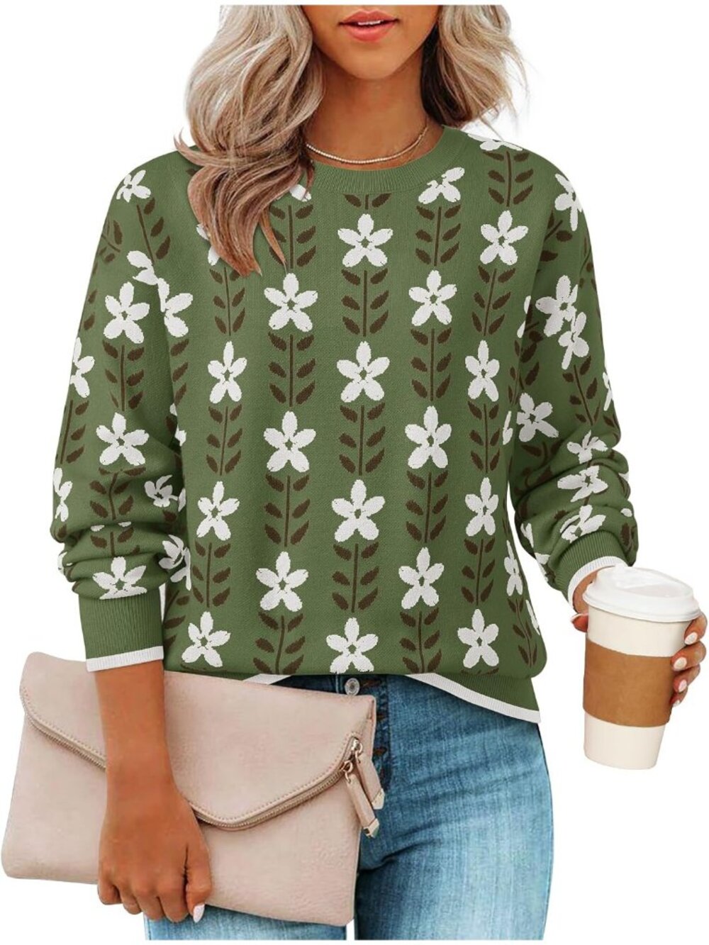 Women's Green Long Sleeve Crewneck Printed Knitted Oversized Pullover Sweaters